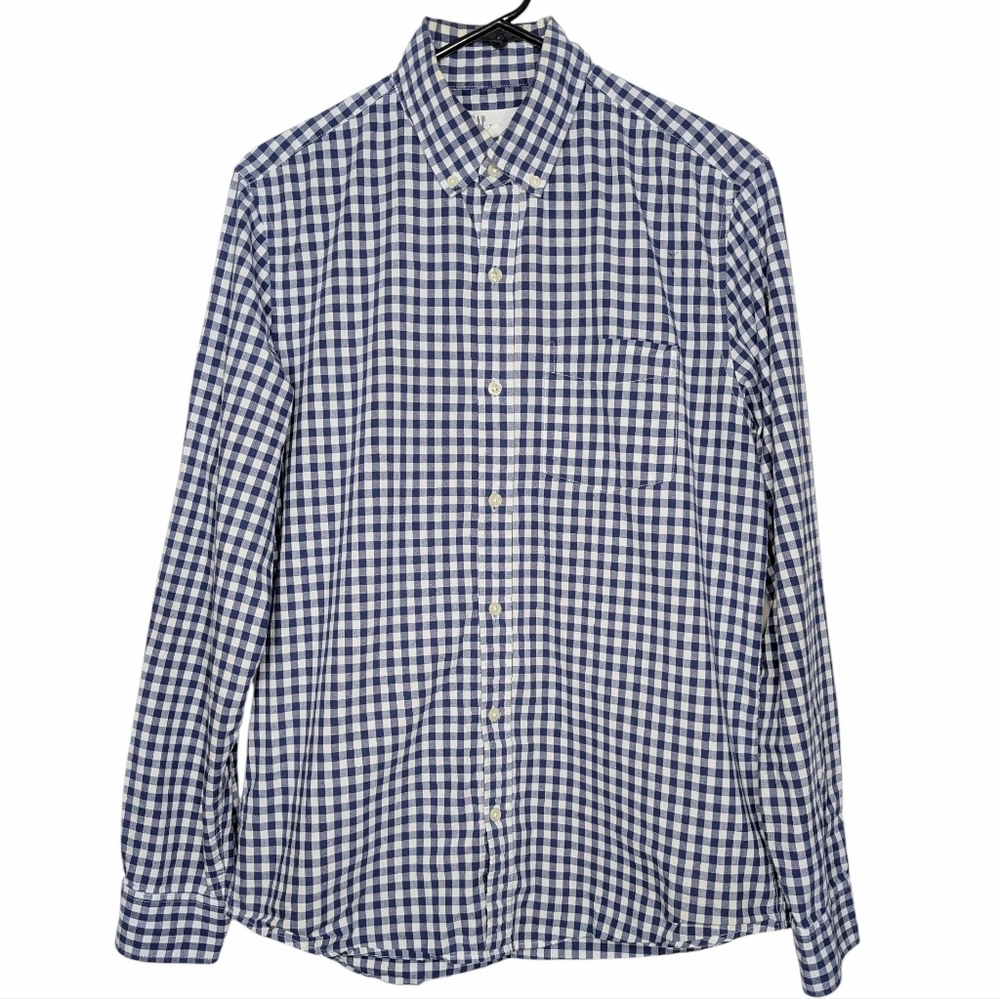 GAP Men's Slim Fit Collared Casual Button Down Blue White Gingham Shirt Medium